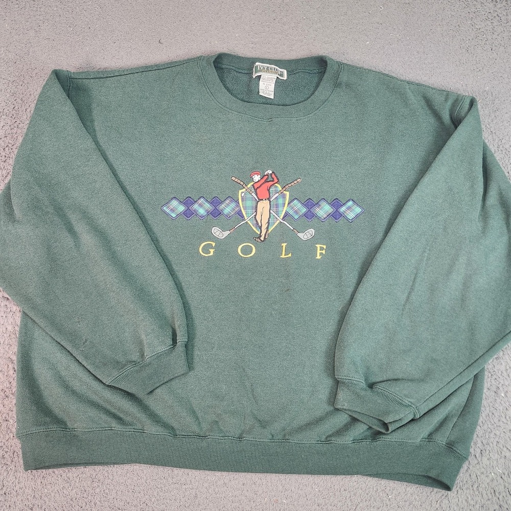 Vintage Ivy Club Sweatshirt Mens Large Green Golf Graphic Fleece Pullover 90s